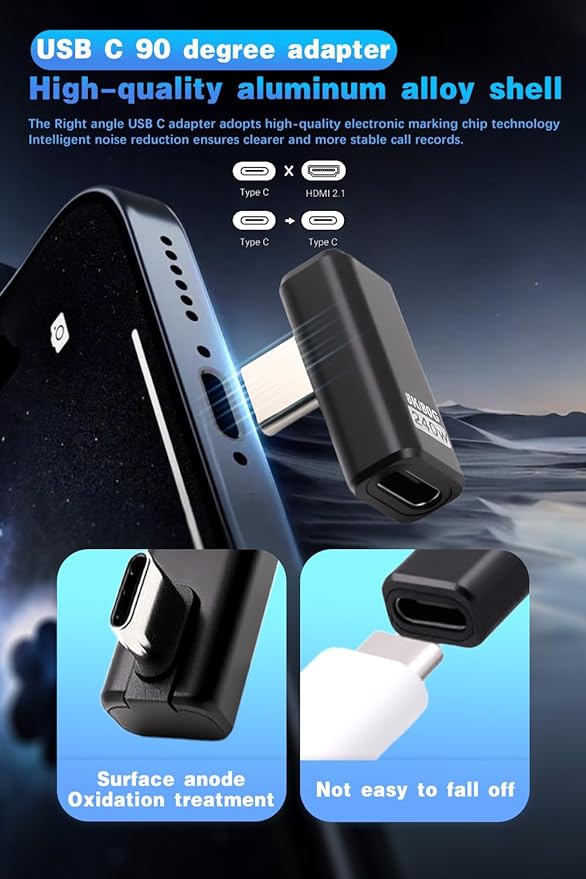 Duttek 90 Degree USB C Extender Adapter [240W 80Gbps 8K@60Hz], USB C Right Angle Adapter, Type C Extender for Thunderbolt 5/4, MacBook, Switch, iPhone 16/15 2 Pack