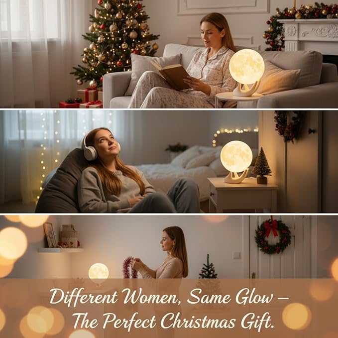 Mydethun 3.5 Inch 3D Moon Lamp – White Elephant Gift for Women Teenage Girls, Mood Lighting w/Ceramic Base, Dual-Color White/Yellow, Touch-Dimmable LED Night Light for Kids Room, Christmas Decor
