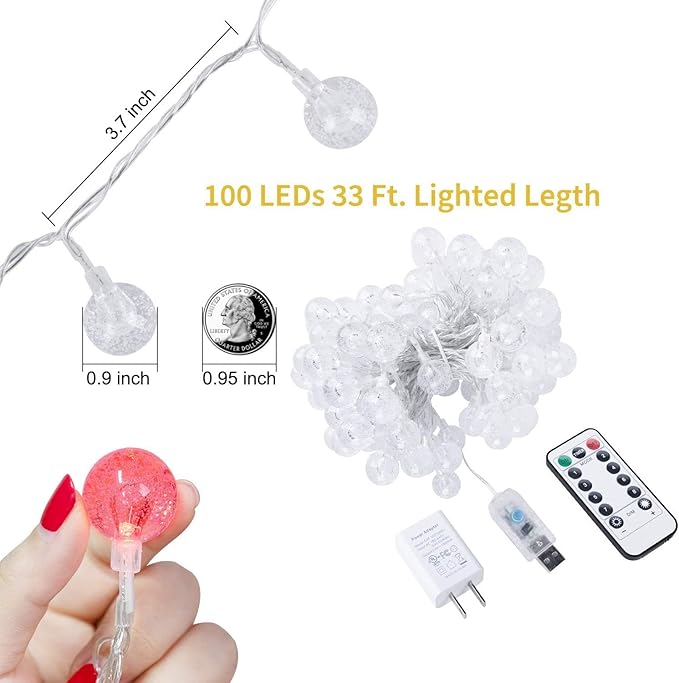 Minetom Globe String Lights Plug in - 33 ft 100 LED USB Crystal Globe Fairy Lights with Remote and Timer, Waterproof for Bedroom Tent Porch Patio Party Garden Indoor, Warm White and Multicolor