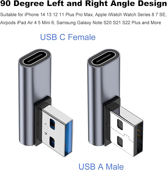AreMe 90 Degree USB C Female to USB Male Adapter 2 Pack, Left and Right Angle Type C to USB A Charger Converter for iPhone, Apple iWatch Watch, Airpods, iPad Air Mini and More
