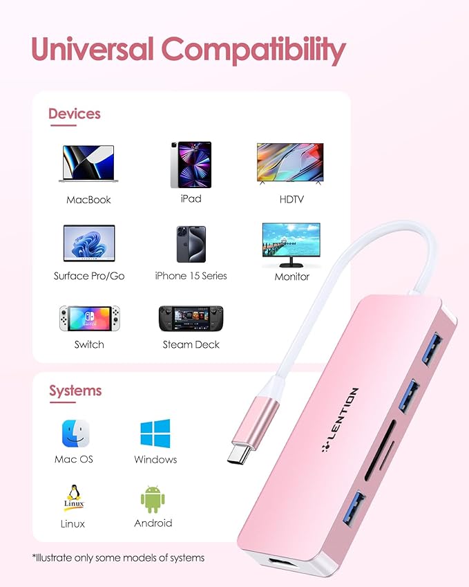 LENTION 5 in 1 USB to USB-C Adapter with Micro SD/SD Card Reader for iPhone, 4K@30Hz HDMI to USB C Hub Multiport Adapater with 3 USB 3.0 Compatible with 2025-2018 MacBook Pro MacBook Neo(Rose Gold)