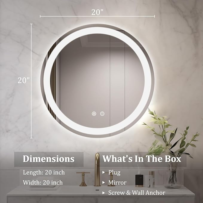 WallBeyond LED Bathroom Mirror with Lights, 20'' Round Light Up Bathroom Mirror for Wall with Front and Backlit, Anti Fog Led Mirror for Bathroom, 3 Colors and Dimmable Light