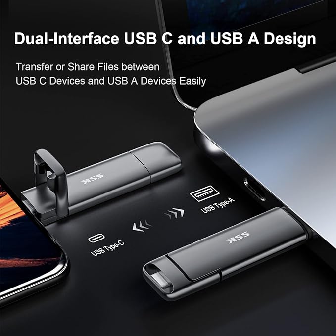 SSK 512GB SSD USB C Stick up to 1000MB/s,Fast Thumb Drive,Dual Drive Type-C + USB A 3.2 Gen 2 External Solid State Drives,USB Memory Stick for iPhone 15/PS4/Android Phone/Tablet/Windows/Mac