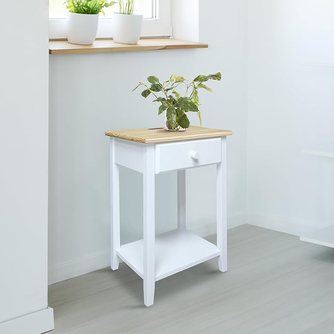 Casual Home Owl Night Stand with USB Port Charging Station and Drawer, 17.5" W x 14.25" D x 24.5" H, Natural White