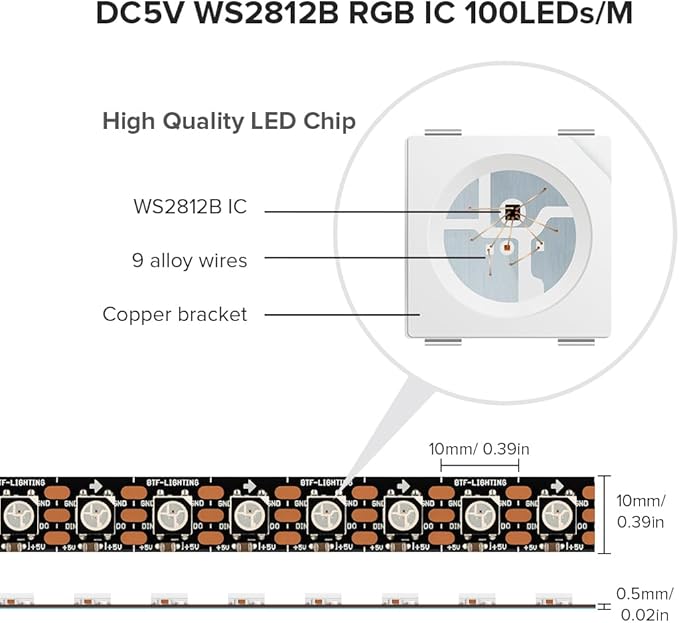 SEZO WS2812B LED Strip Light 3.3FT 100LEDs DC5V Individual Addressable LED Strip SMD5050 RGB 100Pixel Dream Color Programmable LED Light Strip Flexible IP30 Non-Waterproof Black PCB