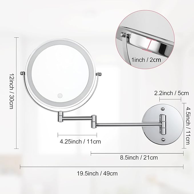 Wall Mounted Makeup Vanity Mirror with Lights, 8” Double Sided 1X/10X Wall Mount Magnifying Bathroom Shaving Mirror with 3 Color Lights, Rechargeable Touch Dimmable Extendable Cosmetic