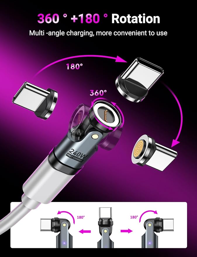 USB C Magnetic Adapter PD 240W(2Pack), 9PIN USB C 90 Degree Adapter/C Right Angle Adapters/360 &180 Degree C to C Adapters for 1Phone 17/16/15, Ma-Book Pro/1Pad Series, Samsung Galaxy, Tablet, Laptop