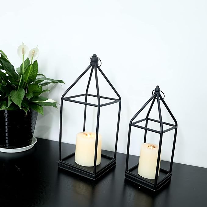 DECORKEY Luxury Lantern Decorative Outdoor&Indoor, Set of 2 (18’’&14’’) Black Metal Lanterns Decor, Vintage Hanging Candle Holder for Home Porch Wedding Centerpiece,Halloween Christmas Decorations