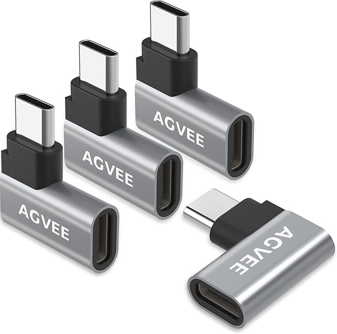 AGVEE 4 Pack Side Angle 90 Degree USB-C Male to USB-C Right Angled Female Adapter (Type-C 3.2 Gen 2) Converter Video Type-C 10G Data Extension Coupler Converter Connector, Black
