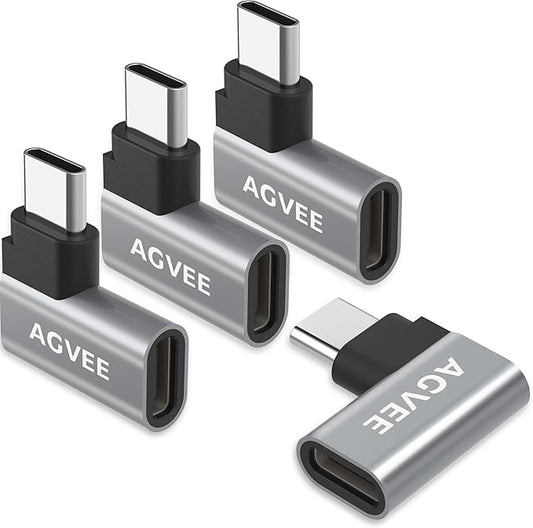 AGVEE 4 Pack Side Angle 90 Degree USB-C Male to USB-C Right Angled Female Adapter (Type-C 3.2 Gen 2) Converter Video Type-C 10G Data Extension Coupler Converter Connector, Black