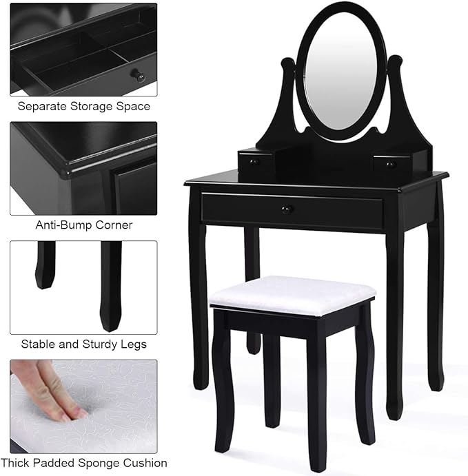 Giantex Vanity Set with Oval Mirror and Cushioned Stool, Makeup Dressing Table with 3 Drawers, Modern Bathroom Bedroom Makeup Organizer Vanity Table for Women Girls Gifts (Black)