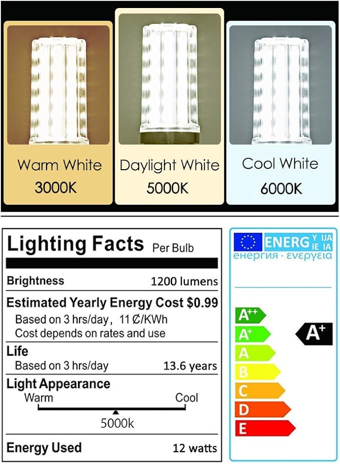 E12 LED Bulbs 12W Candelabra led Light Bulb,100 Watt Equivalent 1200lm Daylight White 5000K E12 Base LED Chandelier Light Bulbs Non-Dimmable LED Corn Bulbs, Pack of 6