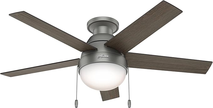 Hunter 46 inch Indoor Ceiling Fan with LED Light - Ceiling Fan with Pull Chain, For Bedroom, Living Room, or Kitchen, Low Profile Mount, No Remote, 5 Blades - Anslee 59270, Matte Silver