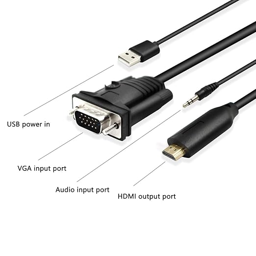 1.8m Male VGA to Male HDMI Converter Adapter cablewith 1080P HD Video Converter Cord with 3.5mm Audio Cable & USB Power Cable for Old PC to New TV/Monitor/Projector
