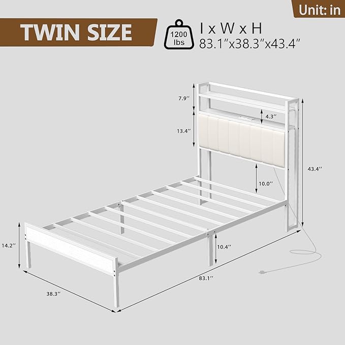 Twin Size Bed Frame with Charging Station and LED Lights, Metal Bed Frame with Headboard, White Upholstered Headboard with 2-Tier Storage Shelves, Noise Free, No Box Spring Needed, White