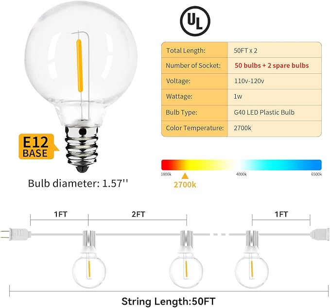 100ft 2-Pack Outdoor String Lights,Dimmable G40 LED String Lights with 52 Shatterproof Clear Bulbs UL Approval Waterproof Globe 1W 2700K Outdoor Lighting for Backyard Porch Cafe Party Wedding Garden