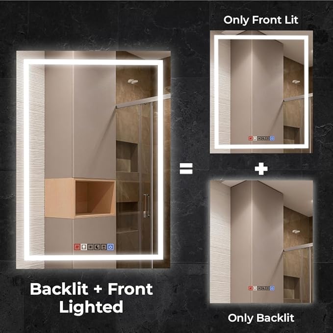 Fab Glass and Mirror LED Mirror 48x30 Inches, Led Bathroom Mirror with Lights Front and Backlit Anti-Fog Memory Brightness, Three Color Options Frameless Wall Mounted Bathroom Vanity Mirrors