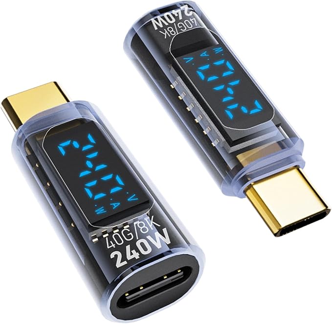 AreMe 240W USB C Adapter with LED Digital Display (2 Pack), USB-C Male to Female Connector for iPhone 16/15 Series, iPad Air/Pro, MacBook, Support Voltage, Current and Power Smart Display
