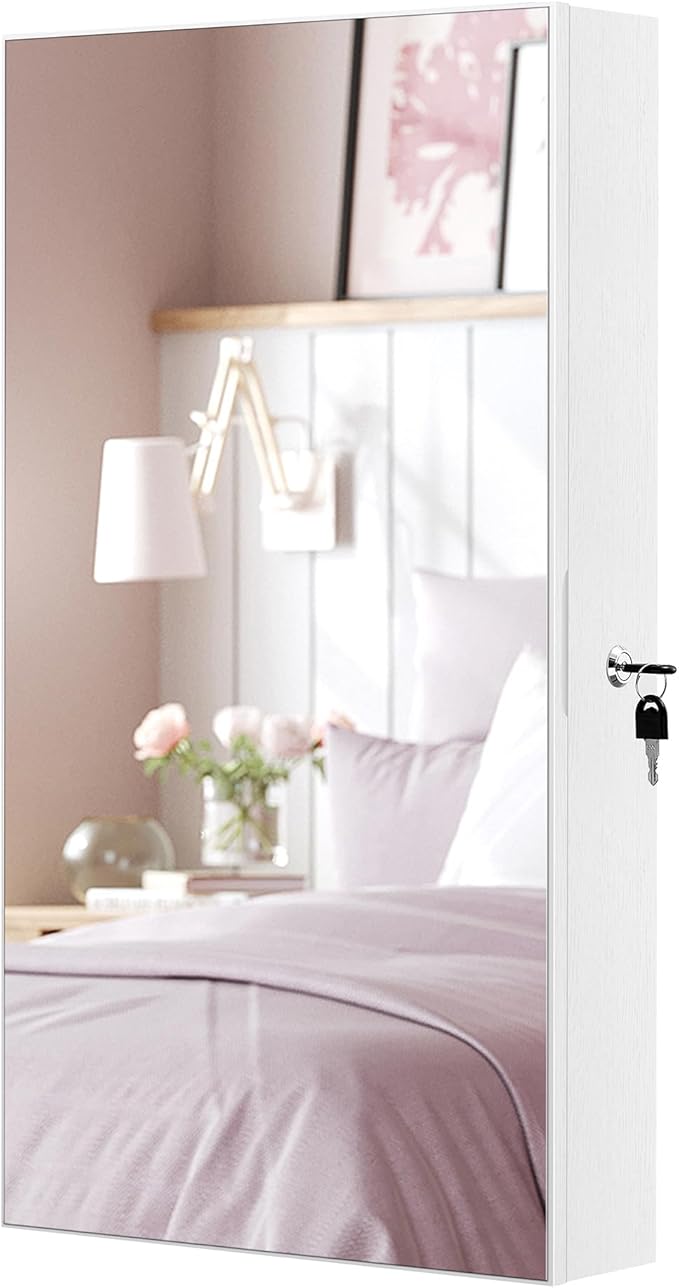 SONGMICS Mirror Jewelry Cabinet Armoire with Built-in LED Lights, Wall or Door Mounted Jewelry Storage Organizer, 3.8 x 14.6 x 26.4 Inches Hanging Mirror Cabinet, Gift Idea, White UJJC050W01