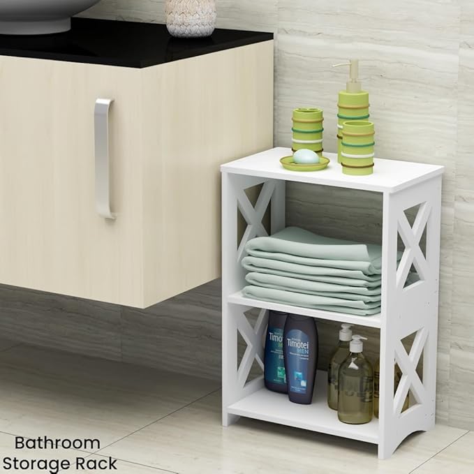 LUCKNOCK Narrow Side Table with Storage, 3-Tier Slim Nightstand for Small Spaces, White Modern End Table, Bedside Table, Bookshelf for Living Room, Bedroom, Bathroom and Office.