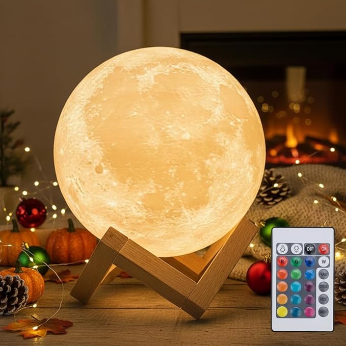 Mydethun 16-Color 3D Moon Lamp, 148 Lighting Modes, 5.9" Rechargeable Dimmable Night Light with Remote & Wooden Stand – Unique Gift for Women, Mom, Kids, Bedroom, Thanksgiving Table & Christmas Décor