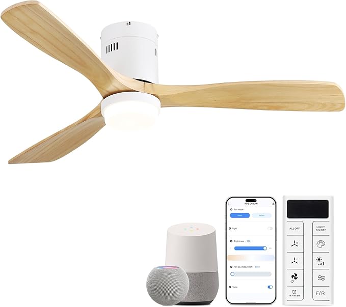 Sofucor 52 Inch Natural Wood & White Smart Ceiling Fans with Light Flush Mount Low Profile Modern Outdoor Solid Wood Ceiling Fan with Alexa/Google/APP/Remote Control for Bedroom/Farmhouse/Patio/Indoor