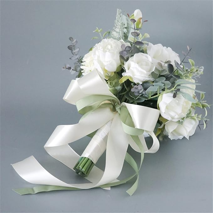 Wedding Bouquet Artificial Roses Flower Bride Bridal Bouquets Handmade Silk White Rose Flower Wedding Bridal Bouquets for Church Party Home Decoration