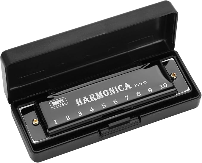 UPINS Harmonica, 4PCS Key of C 10 Hole 10 Tones Titanium Color Harmonica with Case for Beginner(Black)