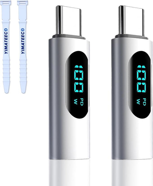 USB C Adapter, 2 Pack 100W USB C Male to USB C Female Extension Adapter Type C Power Meter Tester with LED Display OTG Extender Adapter for iPhone 15, iPad, More USB-C Cables (2Pcs, Grey