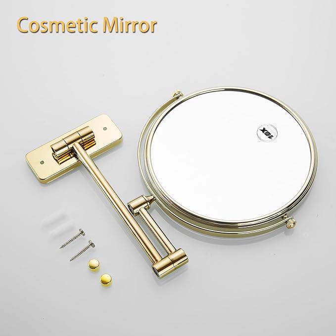 Gold 1x10x Double Sided Magnifying Bathroom Makeup Mirror 360 Degree Swivel Mirror Adjustable Telescopic Arm Wall Mount 8 Inch Non-Illuminated Beauty Mirror Shaving Mirror（Square Base）