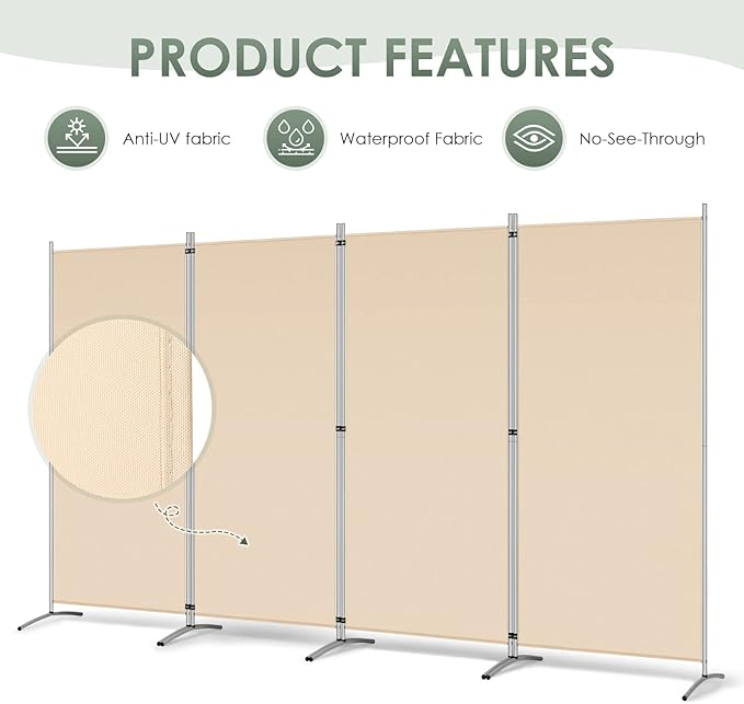 RANTILA 4 Panel Room Divider, 6 Ft Tall Folding Privacy Screen Room Dividers, Freestanding Room Partition Wall Dividers, 136''W x 20''D x 71''H, Beige