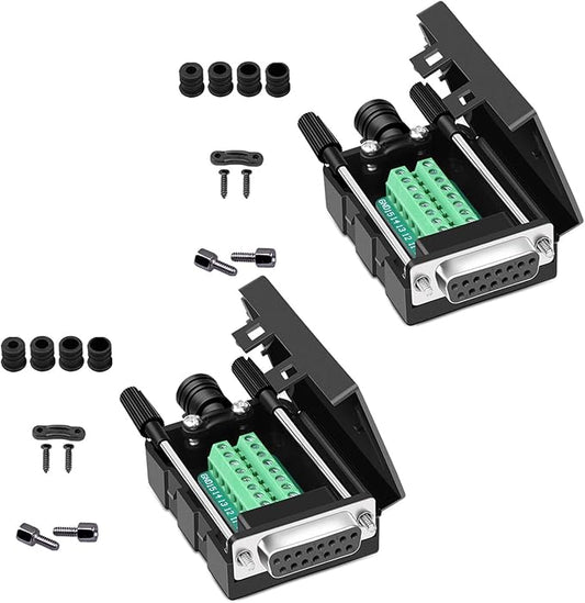 DB15 Solderless Serial to 15-pin Port Terminal Female Adapter Connector Breakout Board with Case Long Bolts Nuts (2PCS Female)
