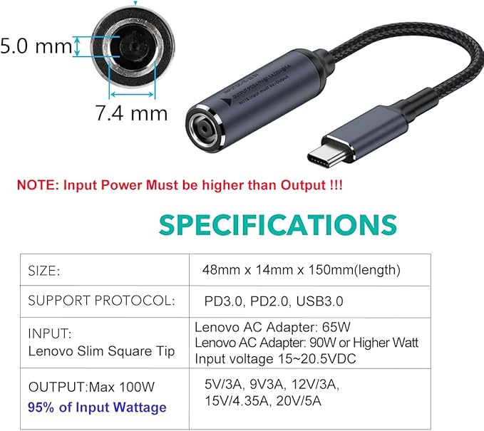 USB C to Barrel Tip Adapter, 45W 65W 100W PD Charging for Convert Dell, HP 7.4mm x 5.0mm Charger to Type C Power for Phones,Tablets,Laptops and Other USB C Devices, Input: DC15-20.5V