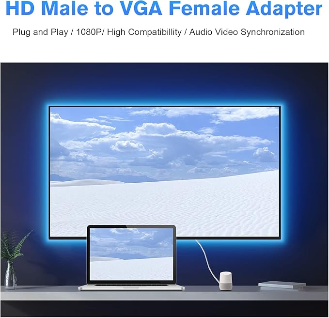 HDMI to VGA Adapter, 1080p HDMI Male to VGA Female Adapter with 3.5mm Audio Jack Cable Compatible with Monitor, Laptop,Computer, Projector, HDTV, Chromebook and More (White)