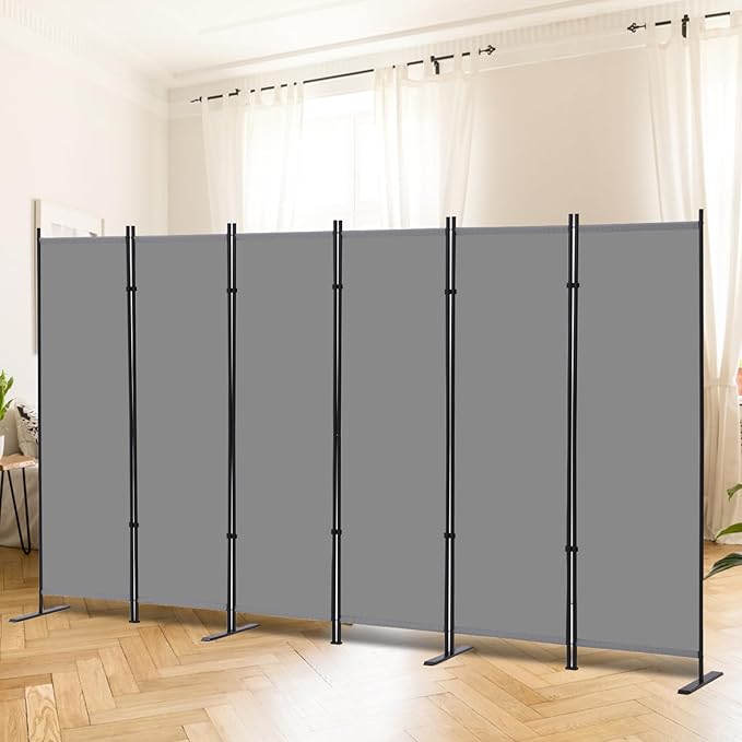 RANTILA 6 Panel Room Divider, 6 FT Folding Privacy Screen with Wide Feet, Freestanding Partition for Room Separation, Portable Room Divider Panel, 133" W x 71" H, Grey