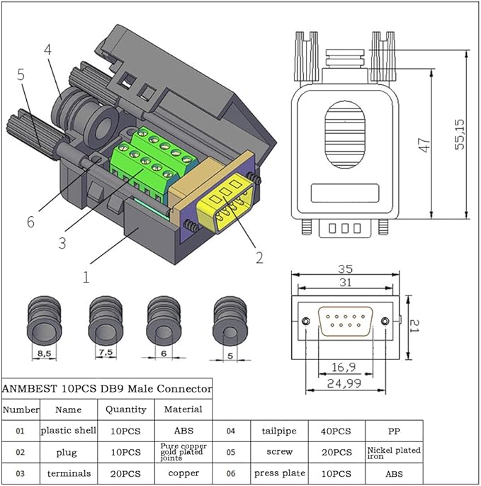 10PCS DB9 Male Breakout Connector,DB9 Solderless RS232 D-SUB Serial to 9-pin Port Terminal Adapter Connector Breakout Board with Case Long Bolts Tail Pipe