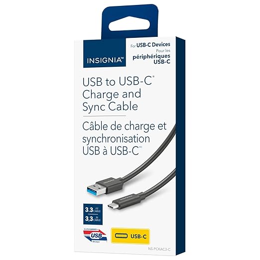 INSIGNIA USB Cables, 20Gbps High-Speed Charging & Data Sync, Braided Nylon, Compatible with MacBook, Laptop, iPhone, iPad, Android (3.3 ft (Black), USB to USB-C)