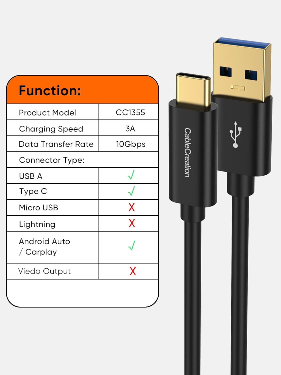 1FT, 3.1 3.2 Gen2 10Gbps 3A S24/S23+, 16/15, CableCreation USB C to USB A Cable Type C to USB USB USB A to C Data