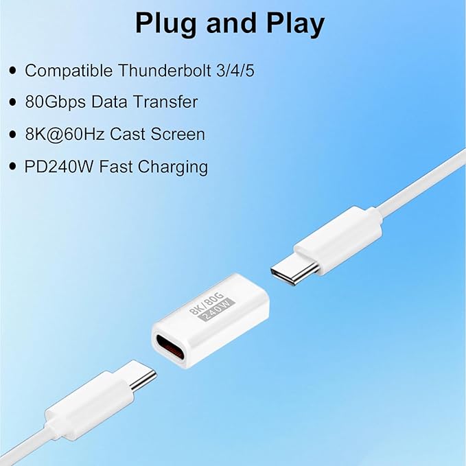 Danfetsoy USB C Coupler 80Gbps, USB C Female to Female Adapter Thunderbolt 5/4 Support 240W/80Gbps /8K@60Hz Video for MacBook, Laptop, Tablet, etc(White 2pack)
