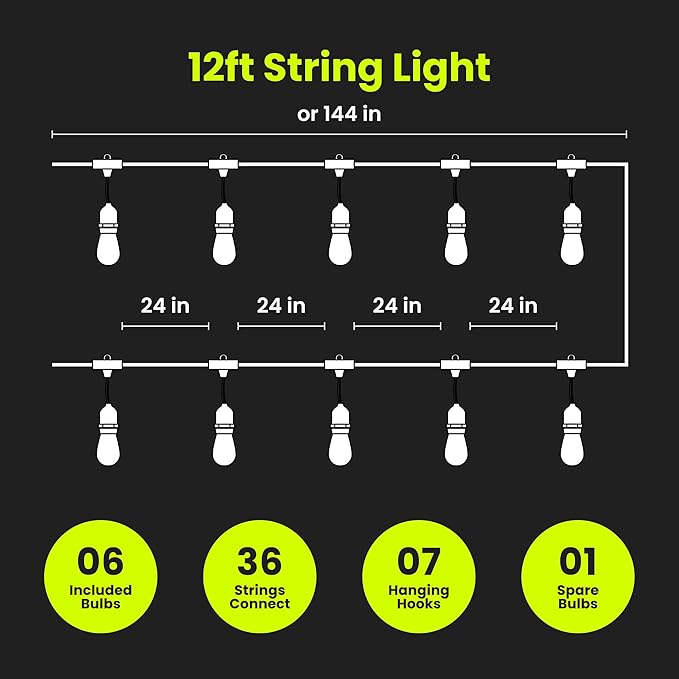 Feit Electric LED String Lights with Flame Bulbs Effect, 12ft Commercial Grade and Shatter Resistant String Lights, 6 Sockets, Linkable, 15,000-Hour Lifetime, SL12-6/FLAME, 7 Bulbs Included