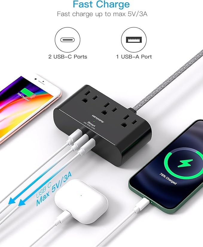 Black Flat Plug Power Strip, HANYCONY 15Ft Ultra Thin Flat Extension Cord, 3 Outlets 3 USB Ports(2 USB C) Multi Plug Outlet Extender with No Surge Protector for Cruise, Dorm Room Essentials