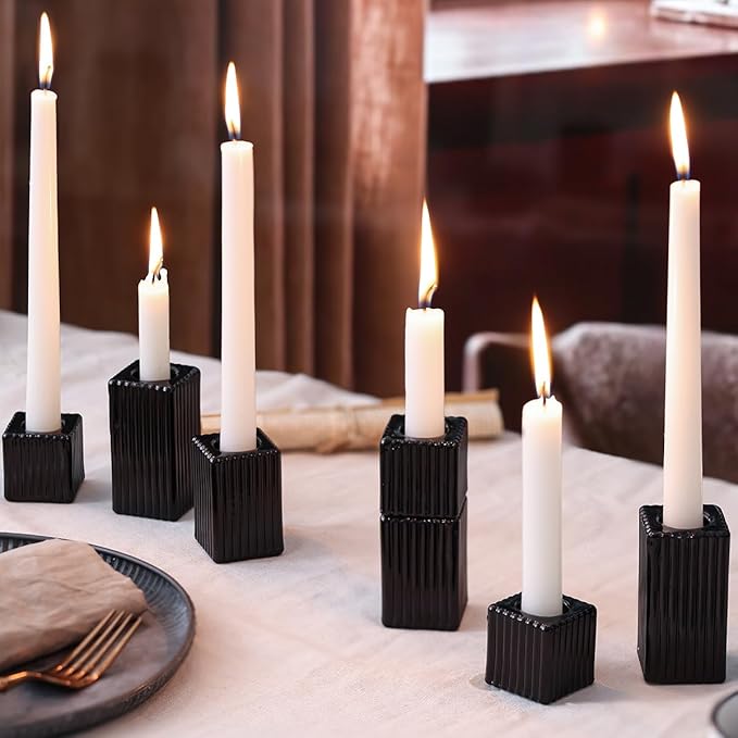 LETINE 12pcs Black Vertical Stripe Glass Candlestick Holders - Chic Taper Candle Sticks Holder Set for Elegant Dining & Home Decor - Ideal Candle Holders for Wall,Living Room,Bedroom, Kitchen Decor