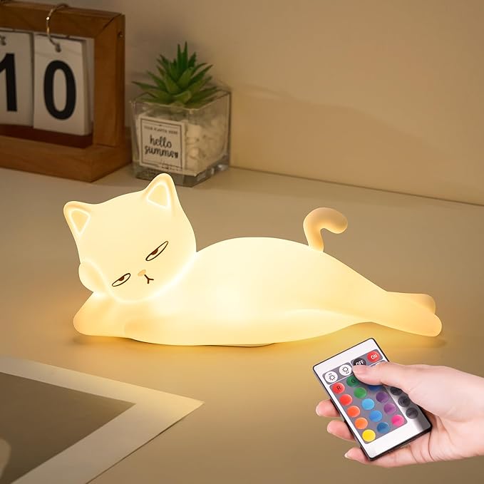 Lying Flat Cat Lamp Cat Gifts, 16 Colors+5 Dimming+Silicone Cute Lamp, Touch+Remote Control+Rechargeable Night Light for Kids, Fun & Cool Weird Stuff Random Stuff, White Elephant Gifts for Adults/Kids