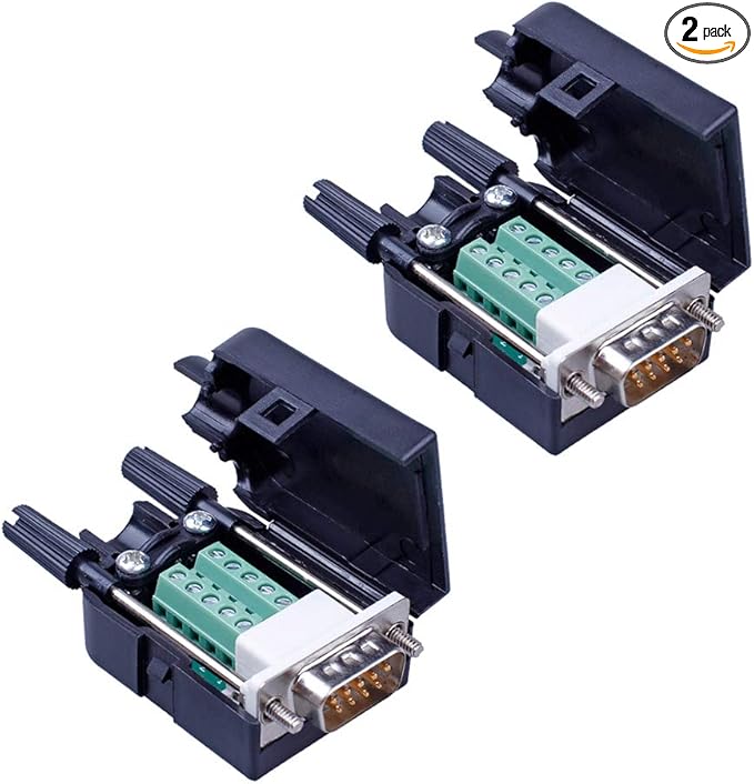 2PCS DB9 Solderless RS232 D-SUB Serial to 9-pin Port Terminal Male Adapter Connector Breakout Board with Case Long Bolts Tail Pipe (2PCS Male)