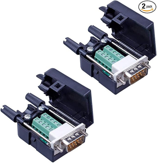 2PCS DB9 Solderless RS232 D-SUB Serial to 9-pin Port Terminal Male Adapter Connector Breakout Board with Case Long Bolts Tail Pipe (2PCS Male)