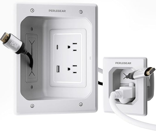 Perlegear TV in-Wall Cable Management Kit, USB and Typ C Ports Cord Hider for Wall Mount TV with Recessed Power, Includes Drill Templates, Dust Bags, Drywall Saw, Extension Cable