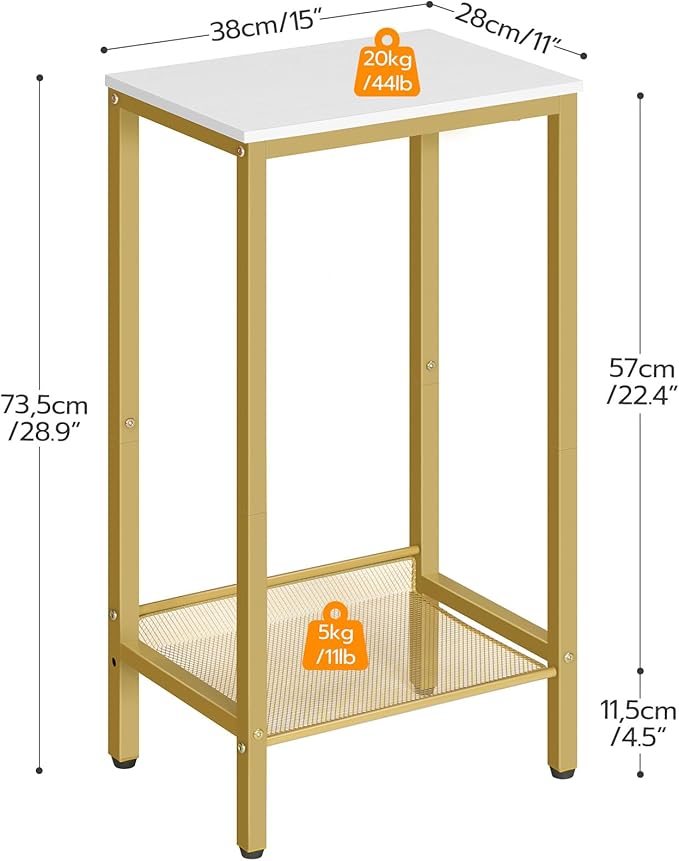 HOOBRO Tall Side Table, Industrial End Telephone Table with Adjustable Mesh Shelves, for Living Room, Bedroom, Entryway, Office, White and Gold DW03DH01