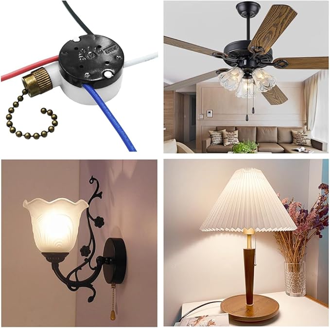 Ceiling Fan Switch Zing Ear ZE-208s E89885 3 Speed 4 Wire Pull Chain Switch with 4 Pre-Installed Wires Replacement Part for Hunter, Hampton Bay, Harbor Breeze Fans (Bronze Chain)