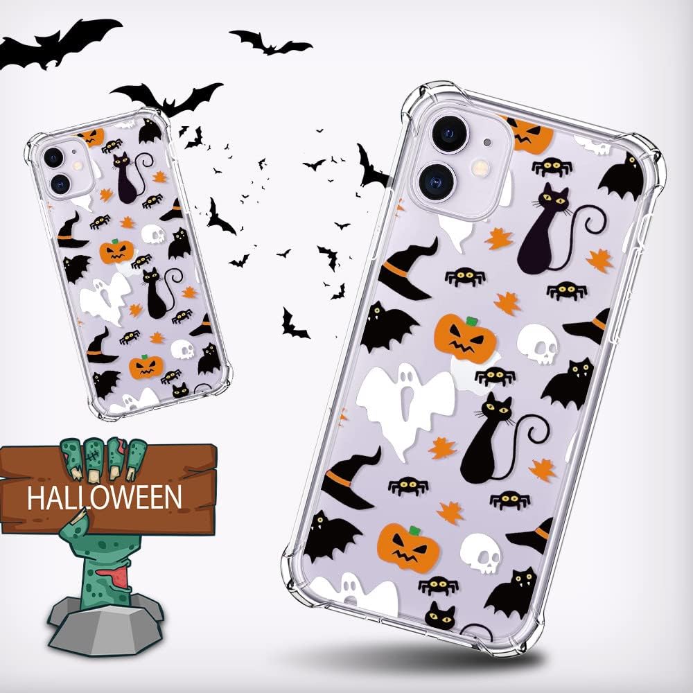 Halloween Clear Phone Case for iPhone 11, Soft TPU Protective Slim Shockproof Cover with Ghost Pumpkin Pattern