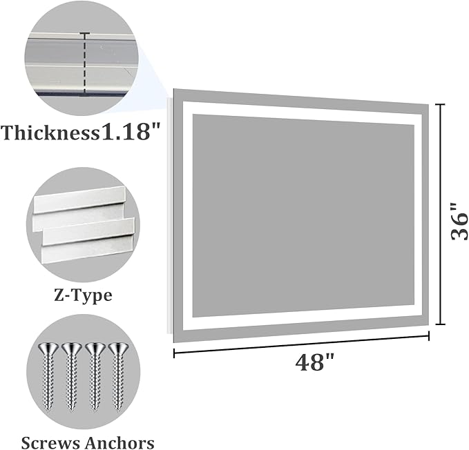 Koonmi 36x48 LED Bathroom Mirror, Backlit + Front Lit, LED Bathroom Mirror with Lights for Wall, 3 Colors, Anti-Fog, Dimmable Brightness, Memory Function, Tempered Glass